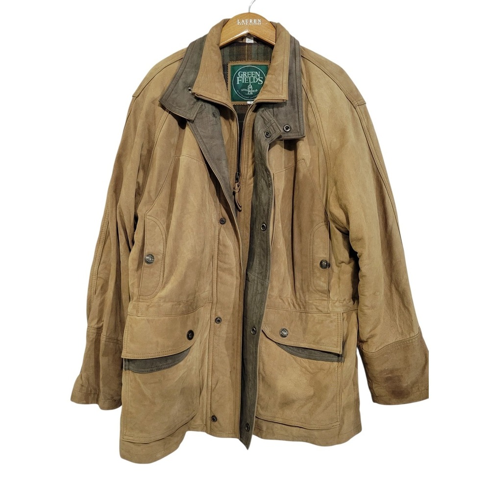 Green Fields Shafmast Leather Barn Chore Coat Mens Small Tan Brown Vintage Flaws